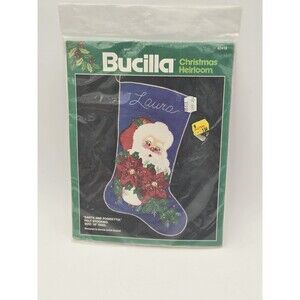 Vintage Bucilla Felt Stocking Kit Christmas Heirloom Santa And‎ Poinsettia NOS